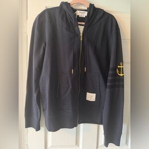 Thom Browne Navy Zip-Up Hoodie with Yellow Hang Tag